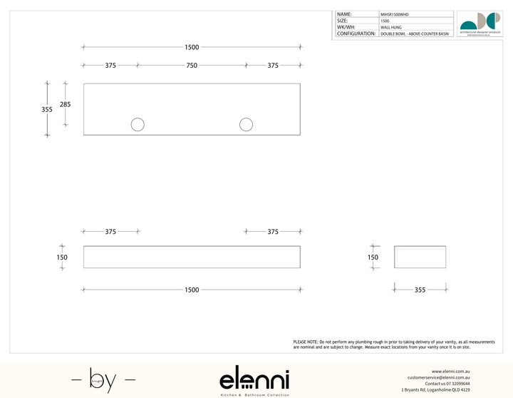 Michel Semi-Recessed 1500 Double, Elenni specification drawing