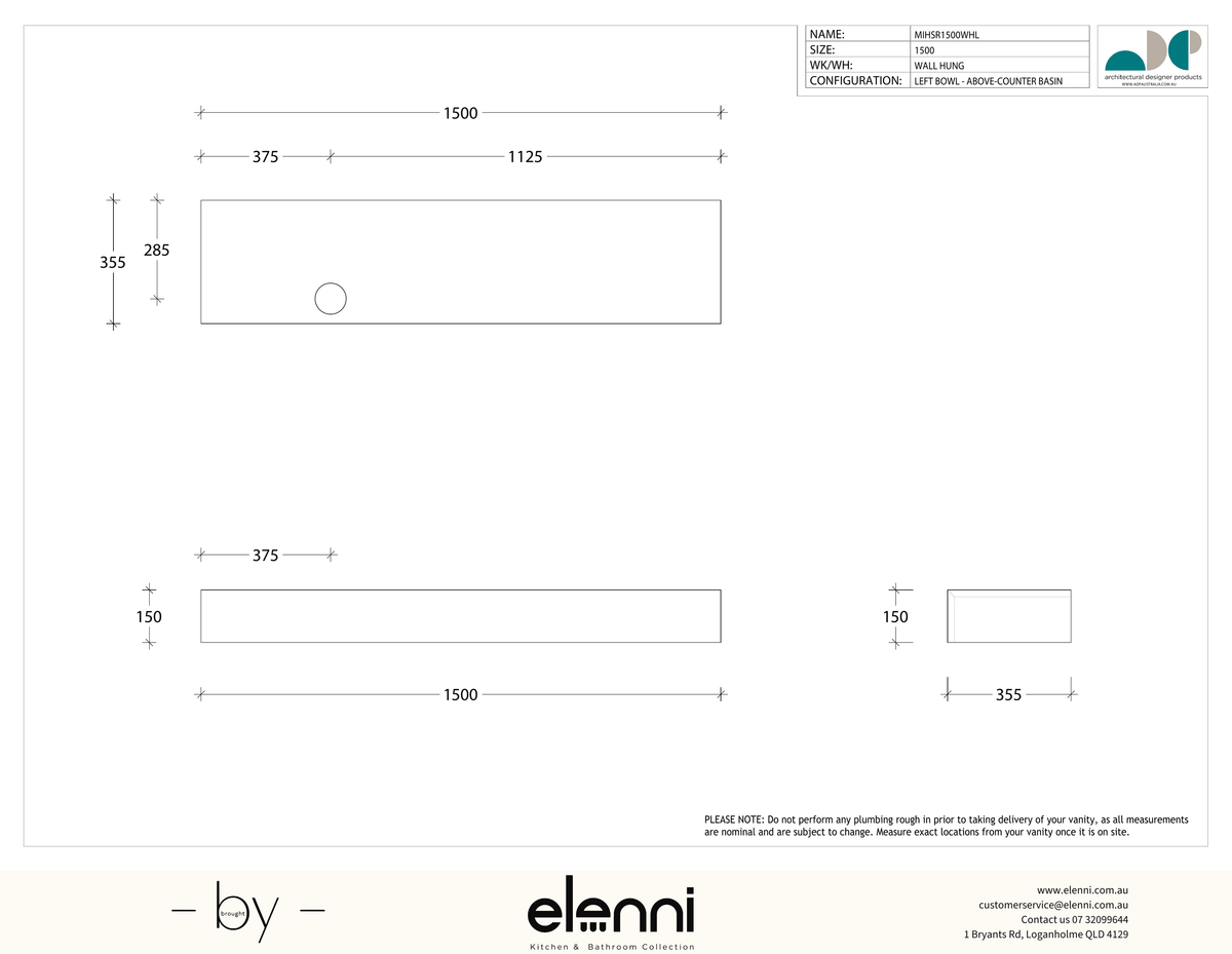 Michel Semi-Recessed 1500 Offset, Elenni specification drawing