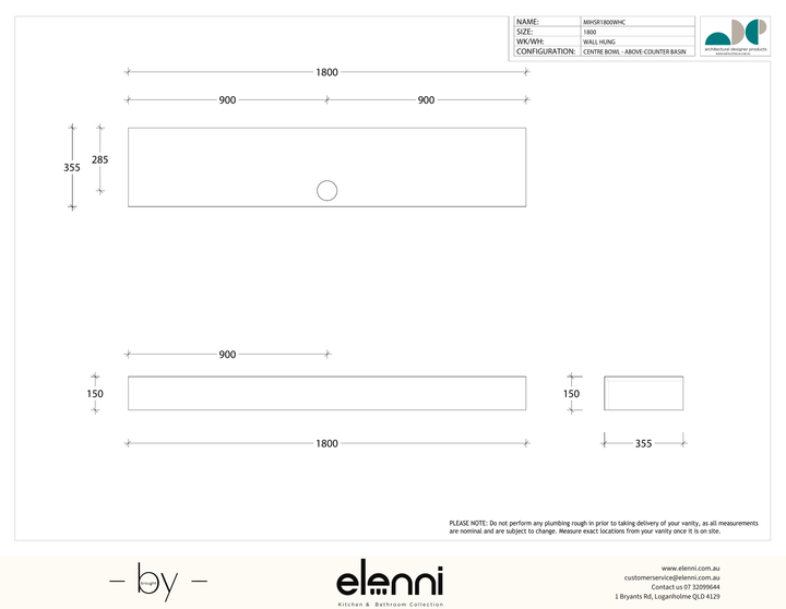 Michel Semi-Recessed 1800 Centre, Elenni specification drawing