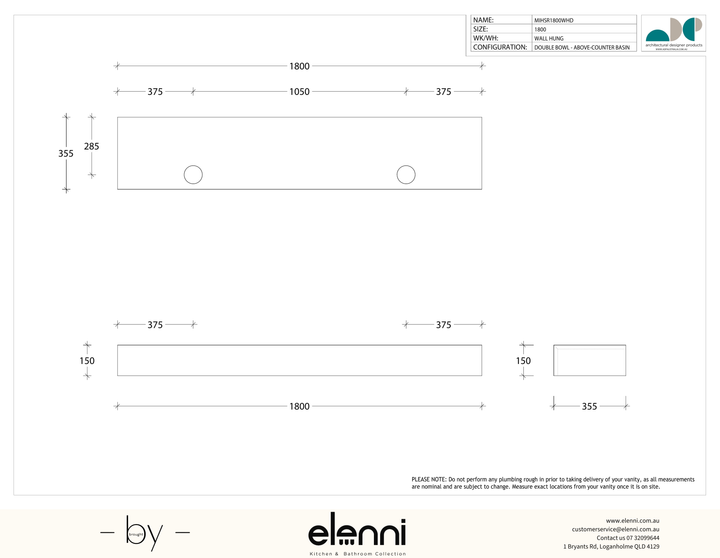 Michel Semi-Recessed 1800 Double, Elenni specification drawing