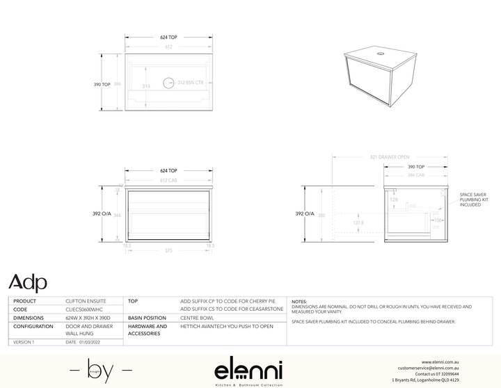 Clifton Ensuite 600 Centre, Elenni specification drawing