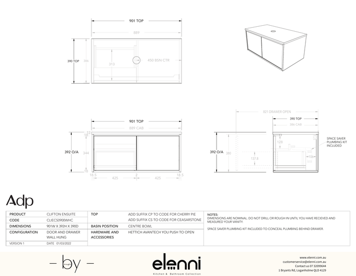 Clifton Ensuite 900 Centre - Elenni specification drawing