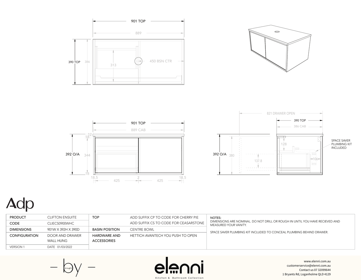 Clifton Ensuite 900 Centre, Elenni specification drawing