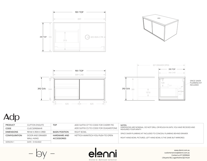 Clifton Ensuite 900 Offset, Elenni specification drawing
