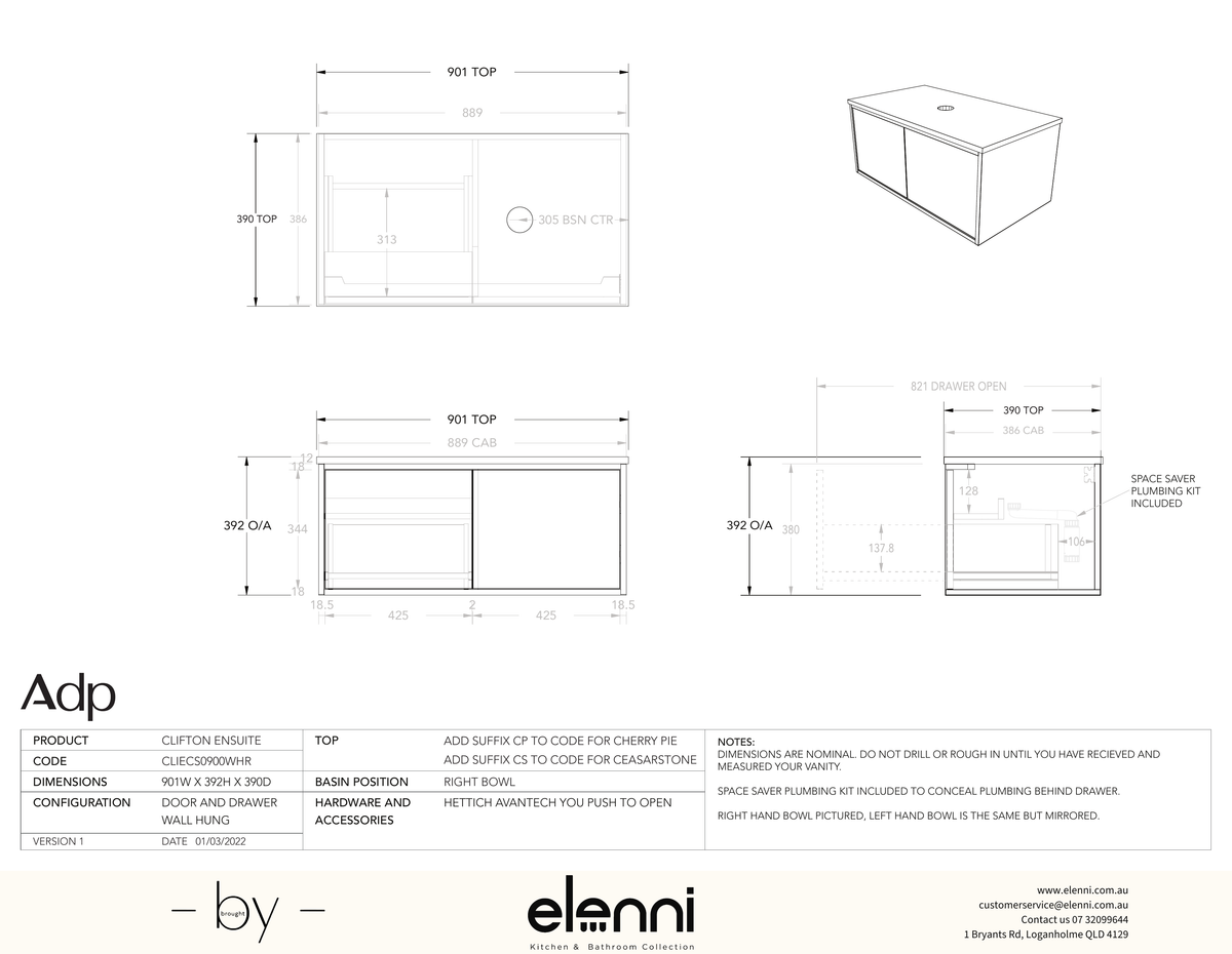 Clifton Ensuite 900 Offset, Elenni specification drawing