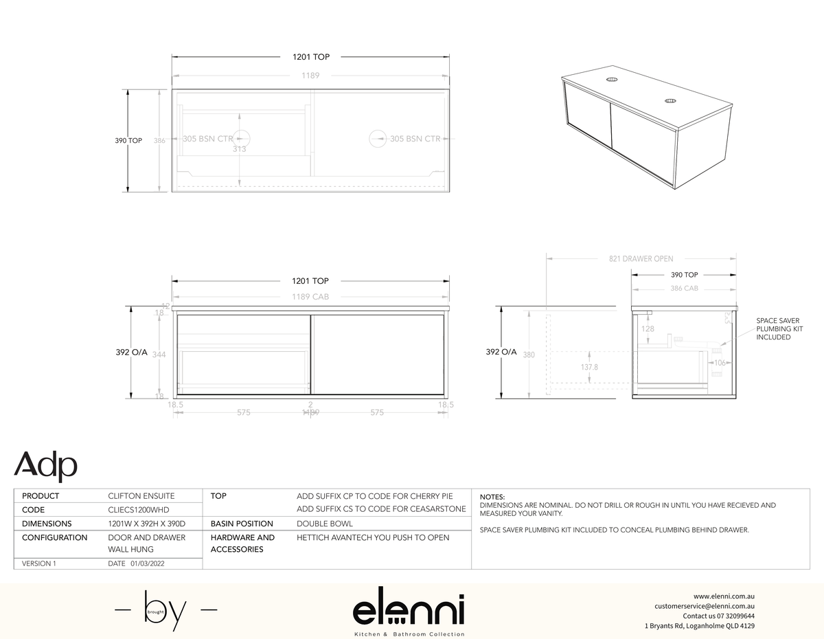 Clifton Ensuite 1200 Double, Elenni specification drawing