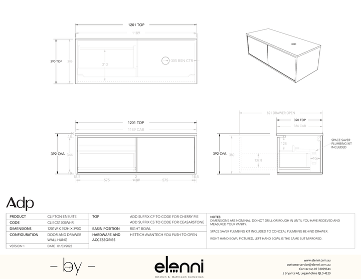 Clifton Ensuite 1200 Offset - Elenni specification drawing