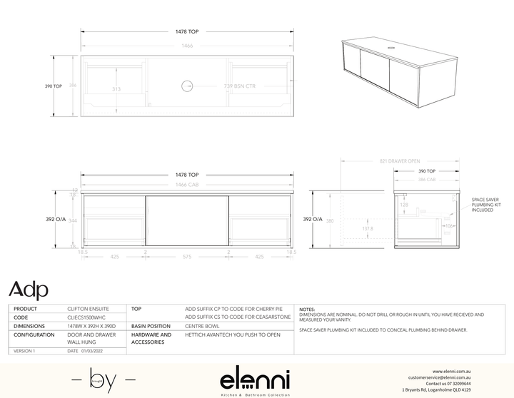 Clifton Ensuite 1500 Centre, Elenni specification drawing