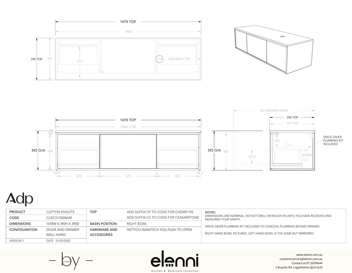 Clifton Ensuite 1500 Offset - Elenni specification drawing