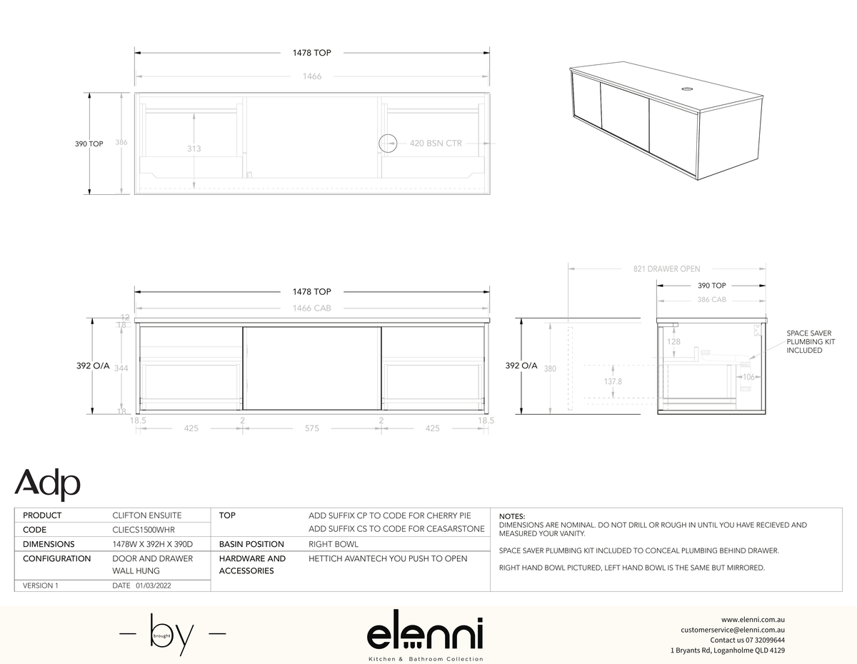 Clifton Ensuite 1500 Offset, Elenni specification drawing