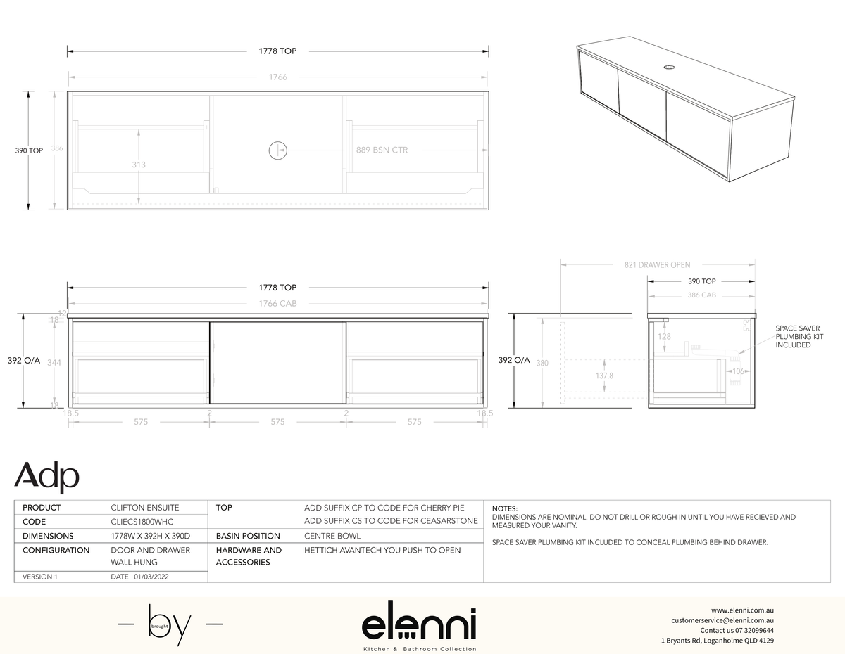 Clifton Ensuite 1800 Centre - Elenni specification drawing