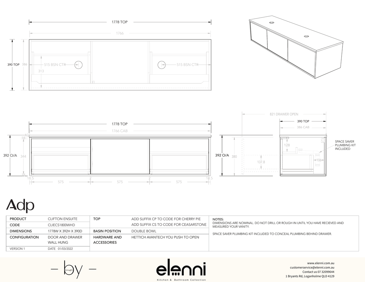 Clifton Ensuite 1800 Double, Elenni specification drawing