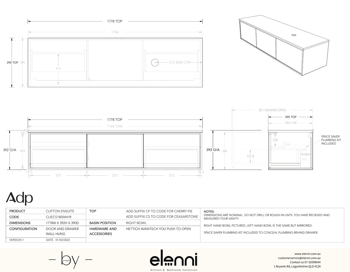 Clifton Ensuite 1800 Offset - Elenni specification drawing