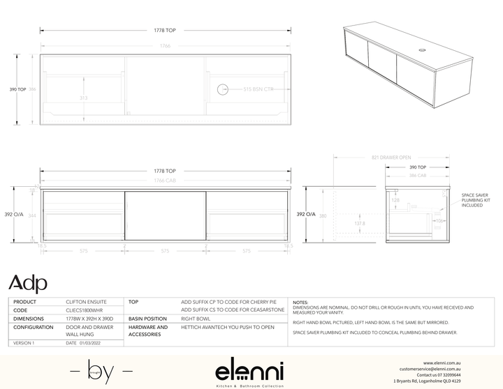 Clifton Ensuite 1800 Offset - Elenni specification drawing
