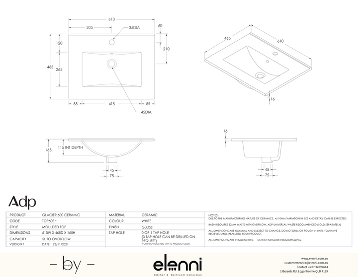 Glacier Ceramic Full Depth Top, 600 Centre - Elenni specification drawing