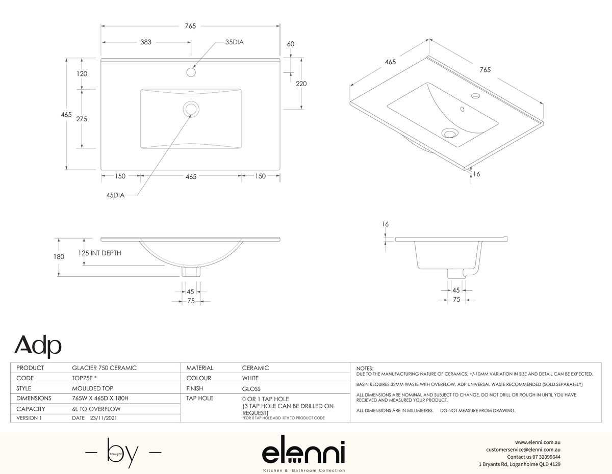 Glacier Ceramic Full Depth Top, 750 Centre - Elenni specification drawing