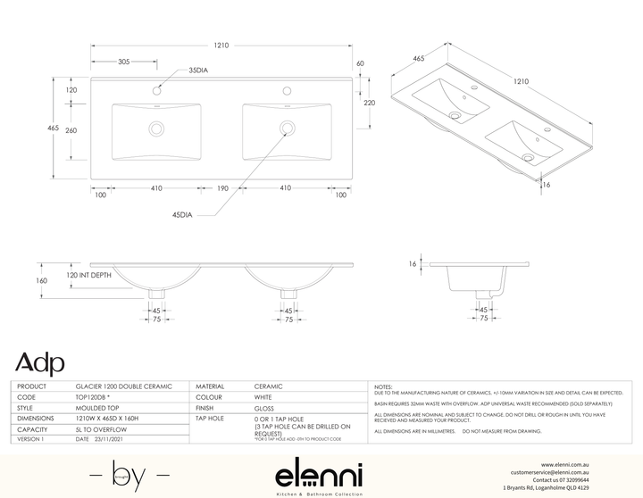 Glacier Ceramic Full Depth Top, 1200 Double - Elenni specification drawing