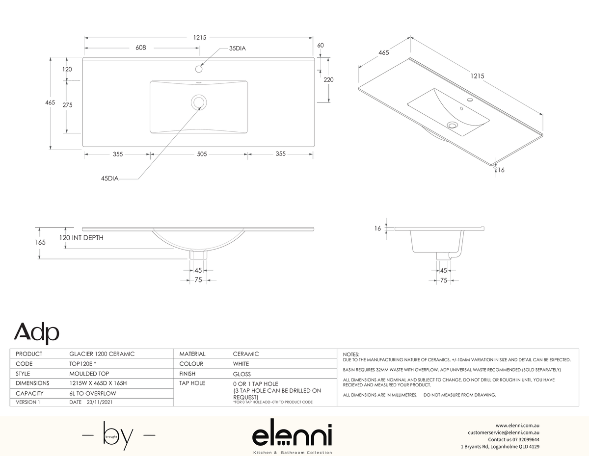 Glacier Ceramic Full Depth Top, 1200 Centre - Elenni specification drawing