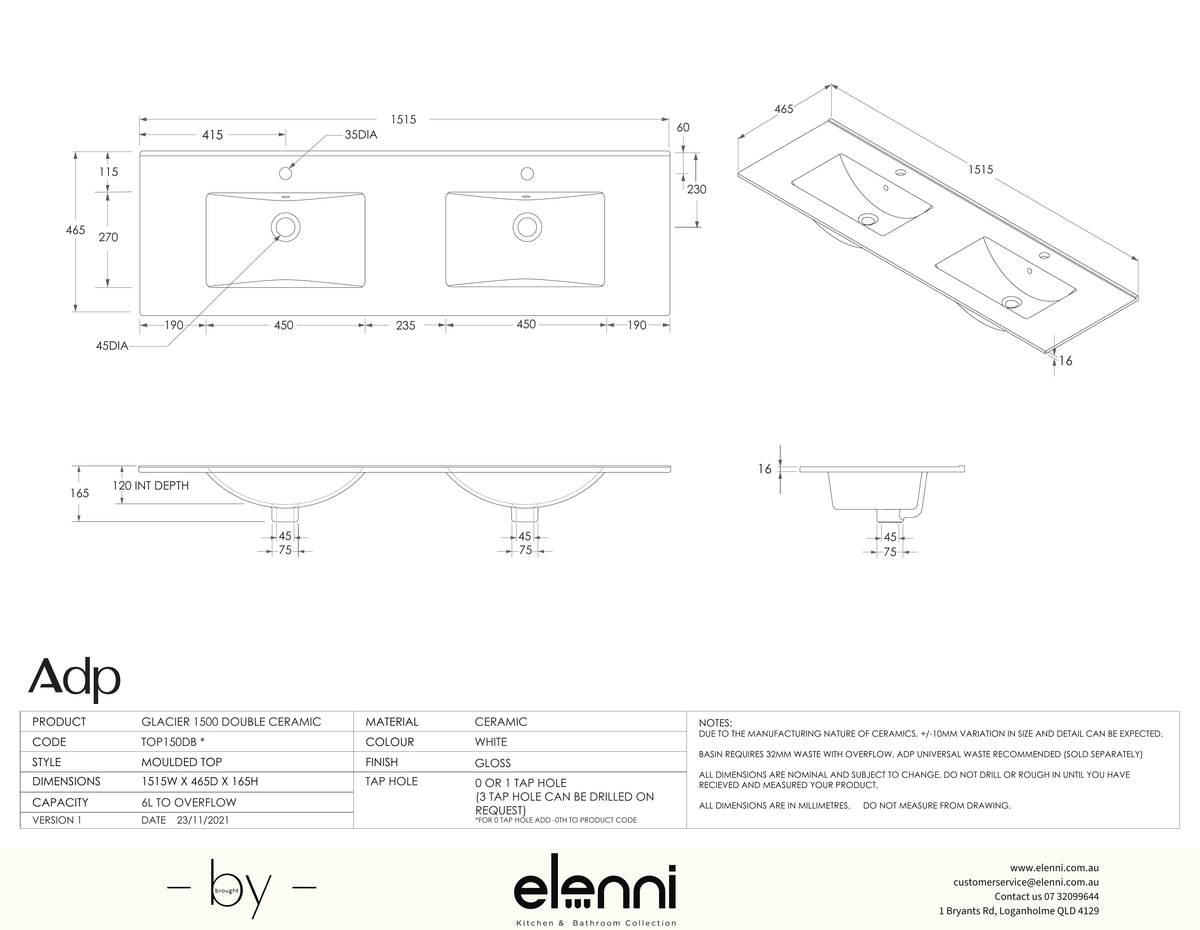 Glacier Ceramic Full Depth Top, 1500 Double - Elenni specification drawing