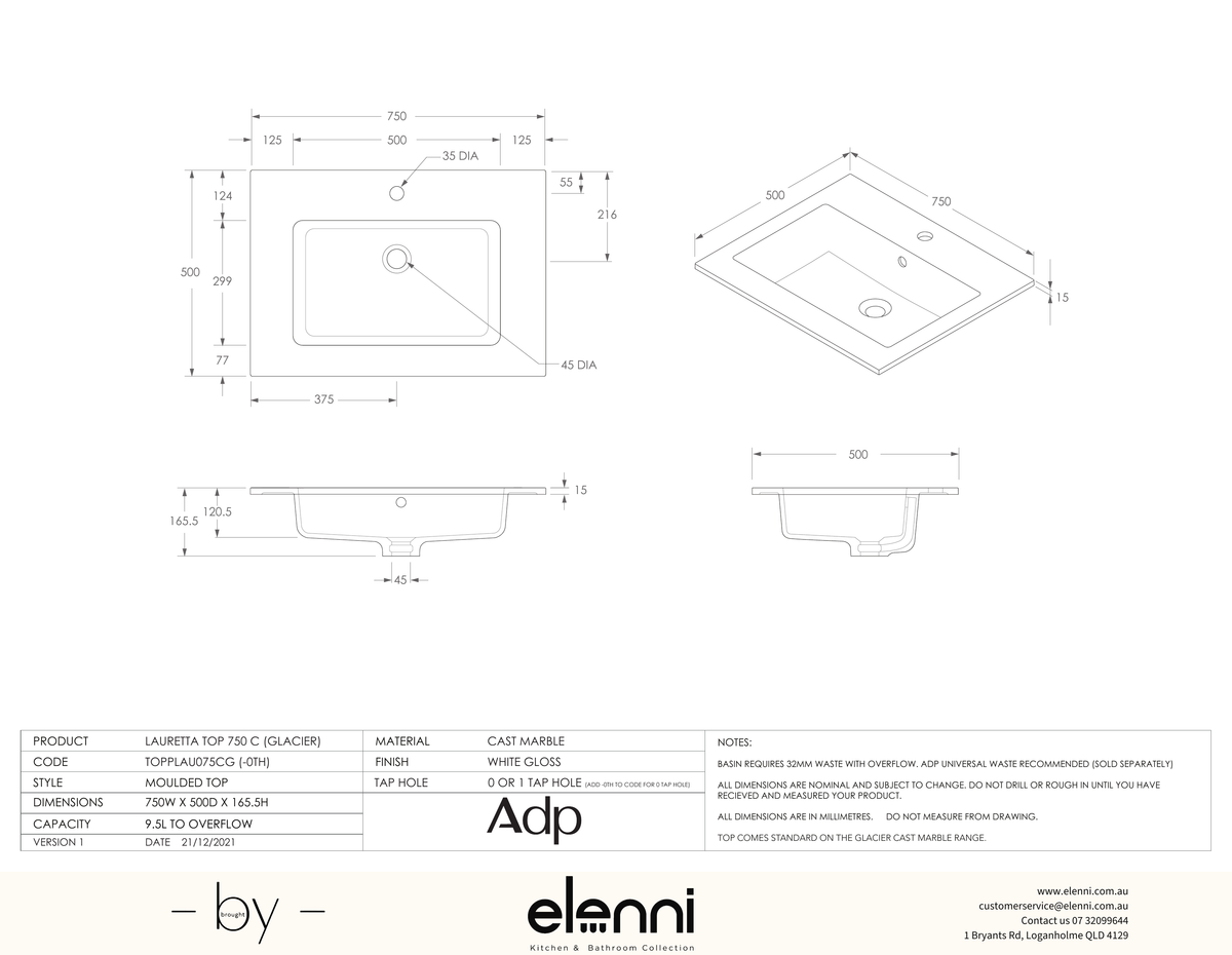Glacier Cast Marble Full Depth (Lauretta) 750 Centre - Elenni specification drawing