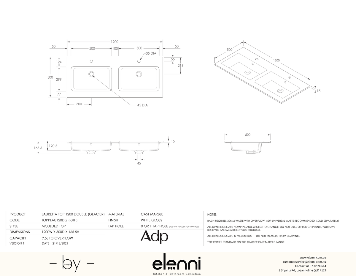 Glacier Cast Marble Full Depth (Lauretta) 1200 Double - Elenni specification drawing