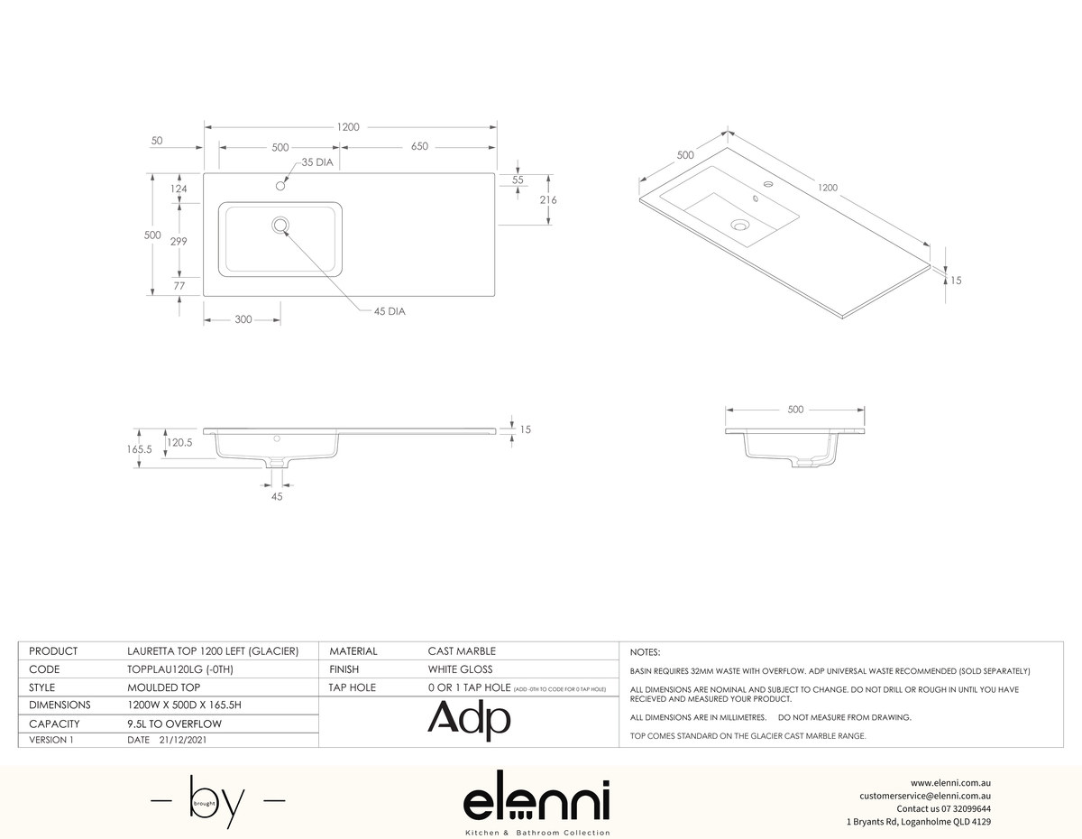 Glacier Cast Marble Full Depth (Lauretta) 1200 Left Offset - Elenni specification drawing