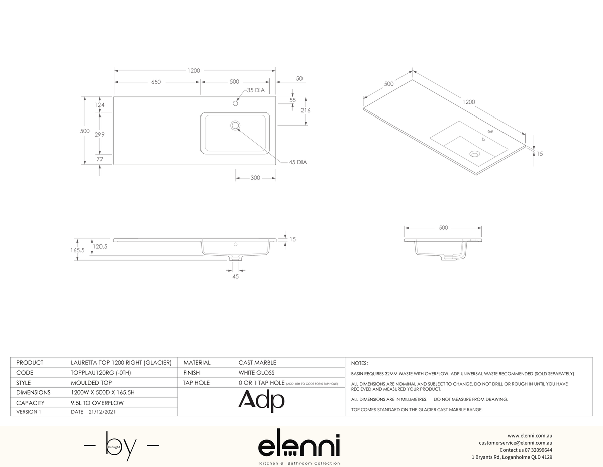 Glacier Cast Marble Full Depth (Lauretta) 1200 Right Offset - Elenni specification drawing