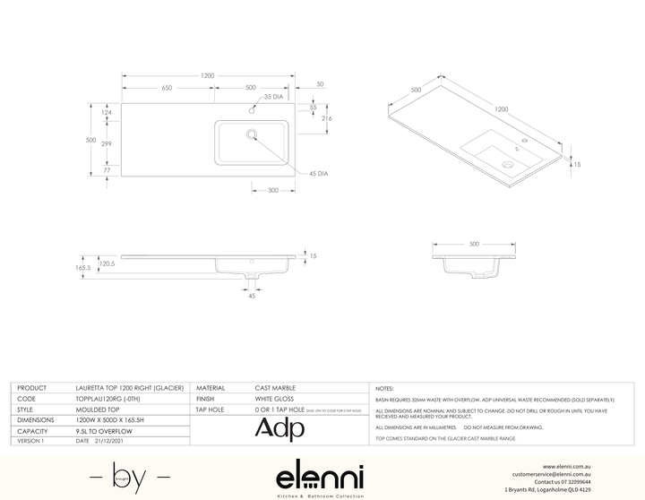 Glacier Cast Marble Full Depth (Lauretta) 1200 Right Offset - Elenni specification drawing
