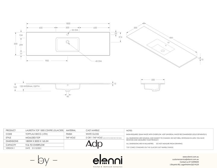Glacier Cast Marble Full Depth (Lauretta) 1800 Centre - Elenni specification drawing