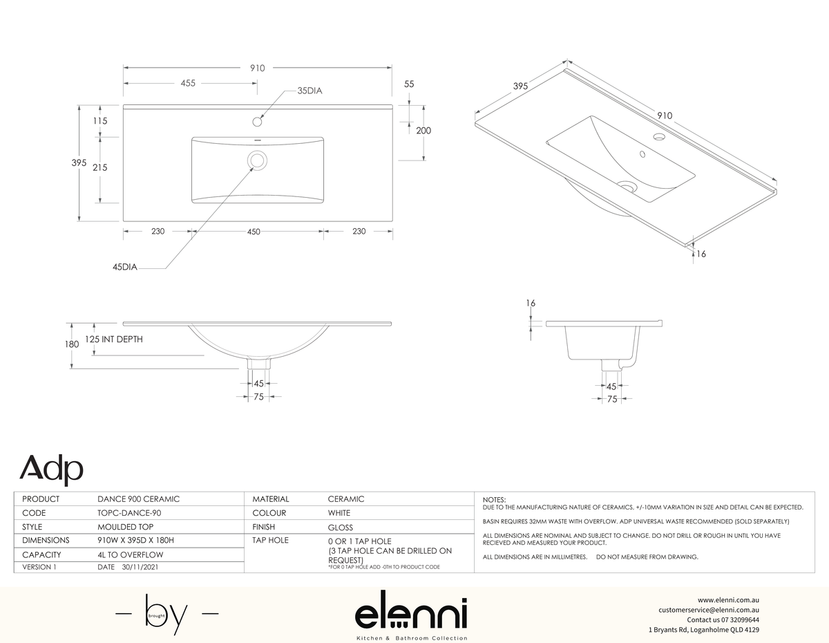 Glacier Ceramic Ensuite (Dance) Top, 900 Centre - Elenni specification drawing