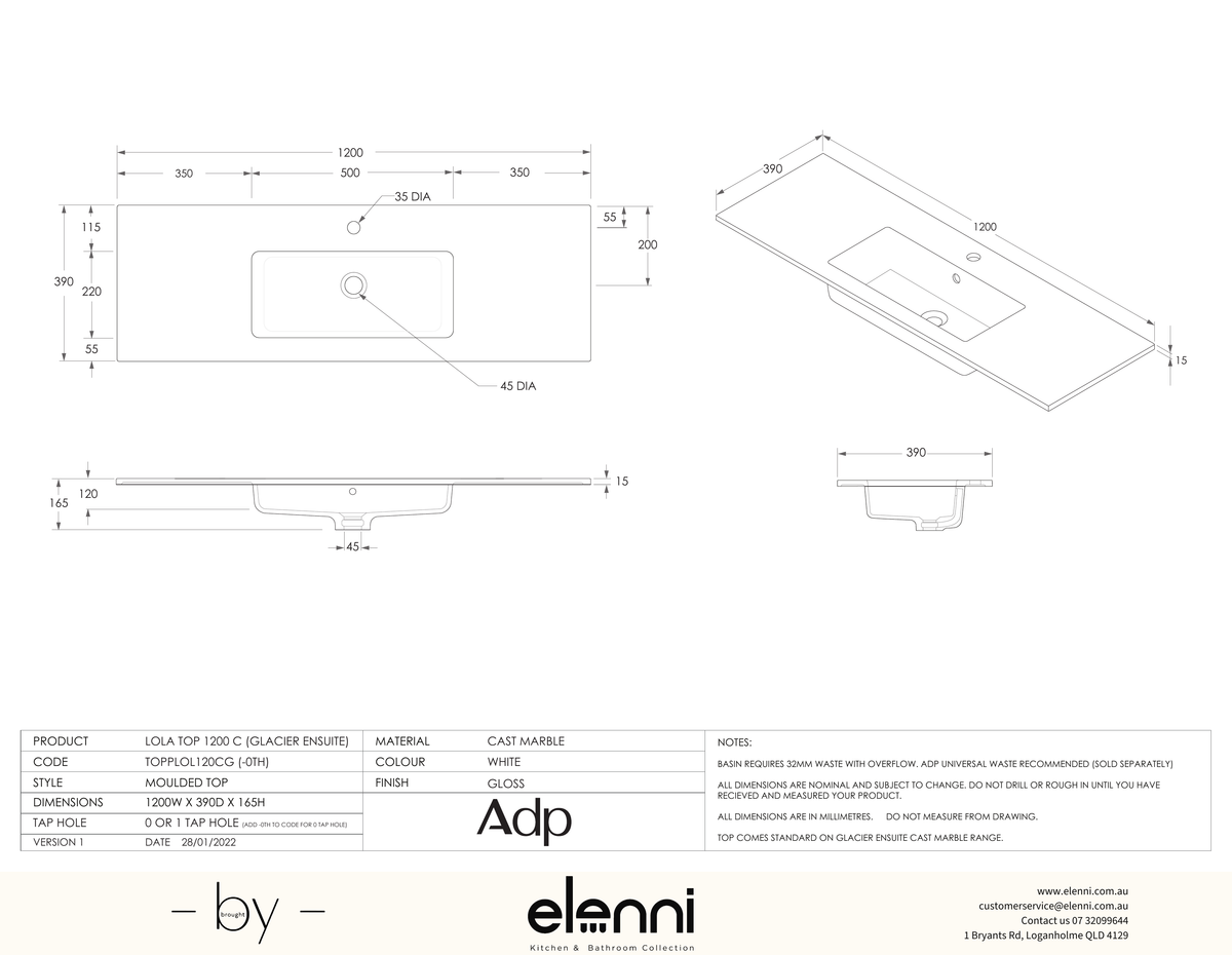 Glacier Cast Marble Ensuite (Lola) 1200 Centre - Elenni specification drawing
