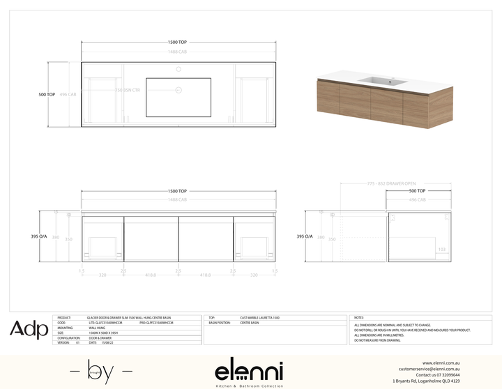 Glacier FD, Door &amp; Drawer, 1500 Slim WH, Cast Marble Centre Bowl - Elenni specification drawing