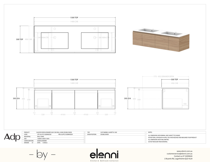 Glacier FD, Door &amp; Drawer, 1500 Slim WH, Cast Marble Double Bowl - Elenni specification drawing