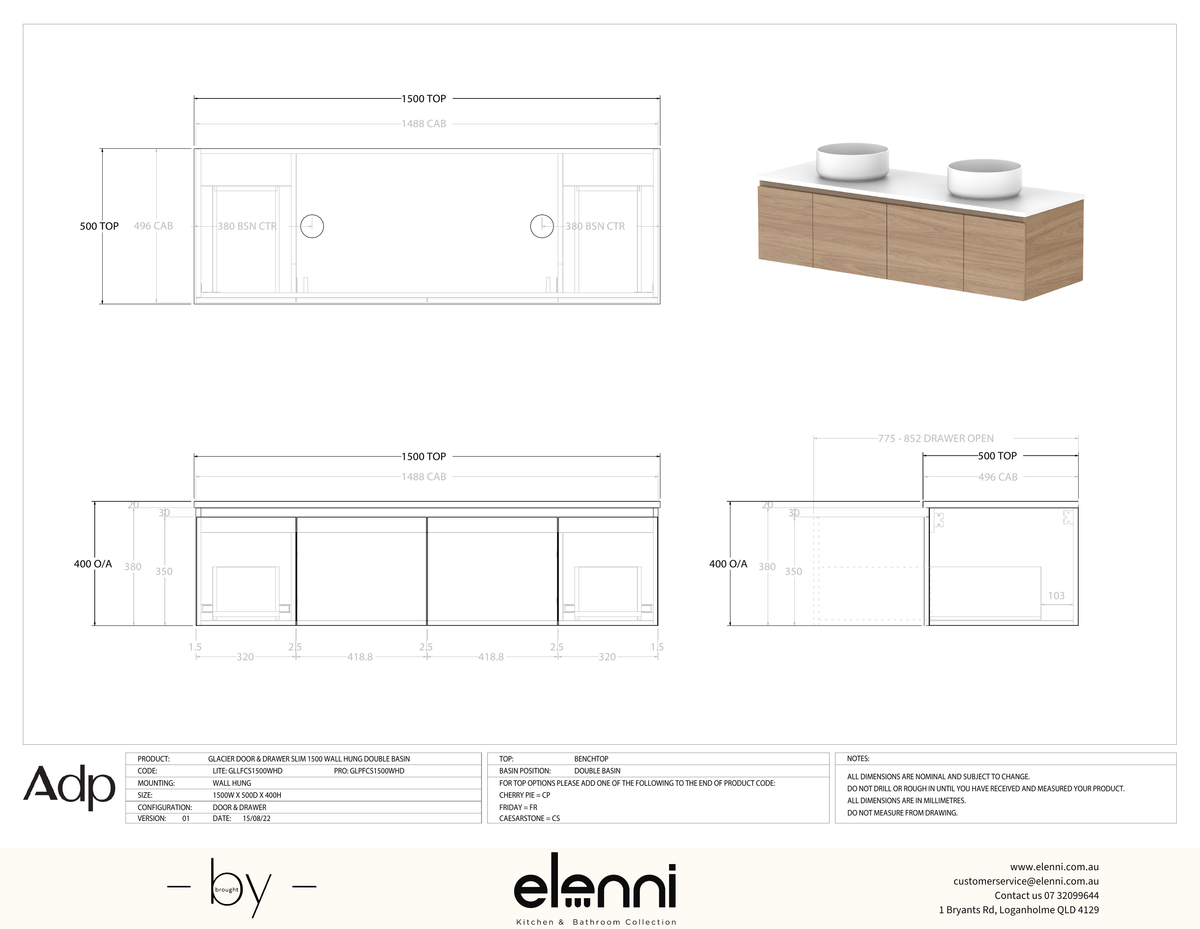 Glacier FD, Door &amp; Drawer, 1500 Slim WH, Benchtop Double Bowl - Elenni specification drawing