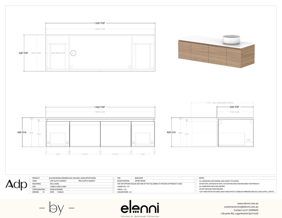 Glacier FD, Door &amp; Drawer, 1500 Slim WH, Benchtop Offset Bowl - Elenni specification drawing