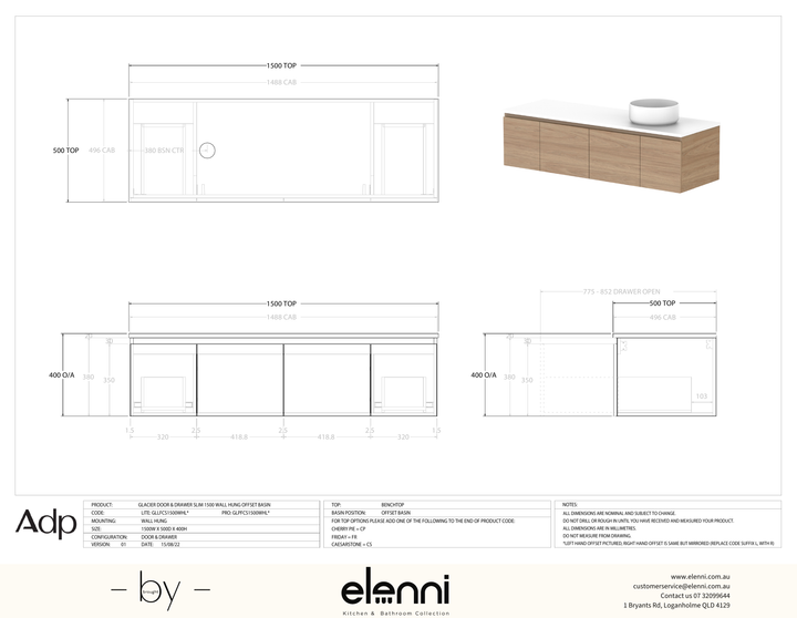 Glacier FD, Door &amp; Drawer, 1500 Slim WH, Benchtop Offset Bowl - Elenni specification drawing