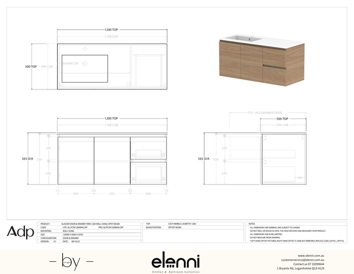 Glacier FD, Door &amp; Drawer, 1200 Twin WH, Cast Marble Offset Bowl - Elenni specification drawing