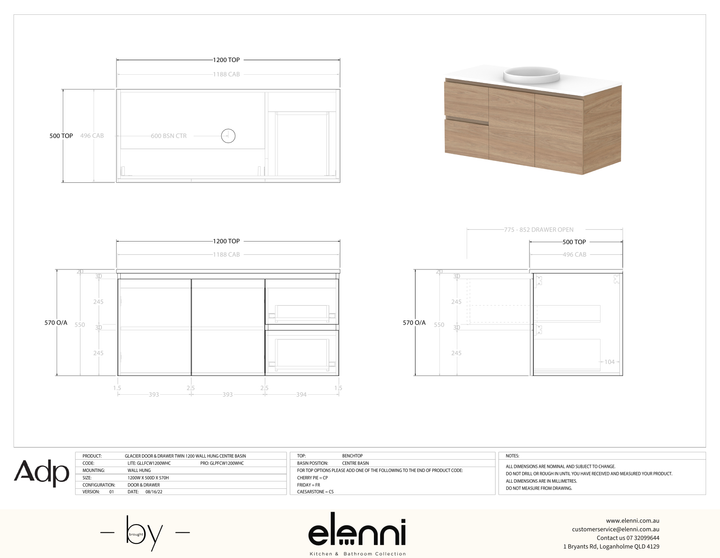 Glacier FD, Door &amp; Drawer, 1200 Twin WH, Benchtop Centre Bowl - Elenni specification drawing