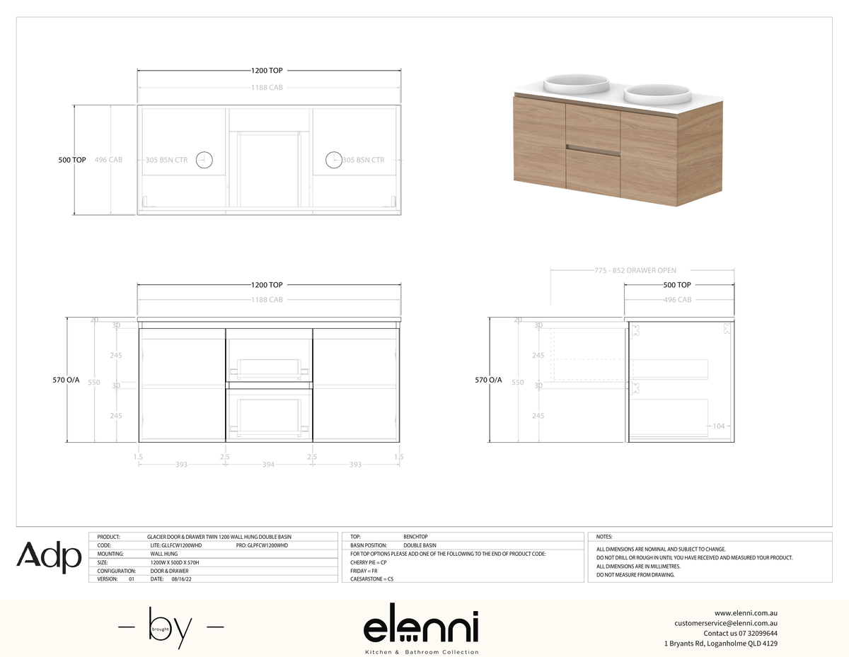 Glacier FD, Door &amp; Drawer, 1200 Twin WH, Benchtop Double Bowl - Elenni specification drawing