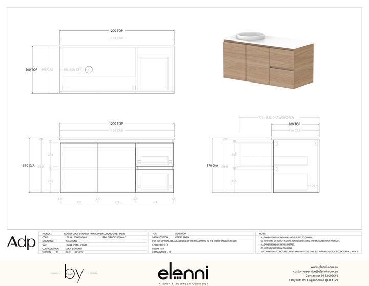 Glacier FD, Door &amp; Drawer, 1200 Twin WH, Benchtop Offset Bowl - Elenni specification drawing