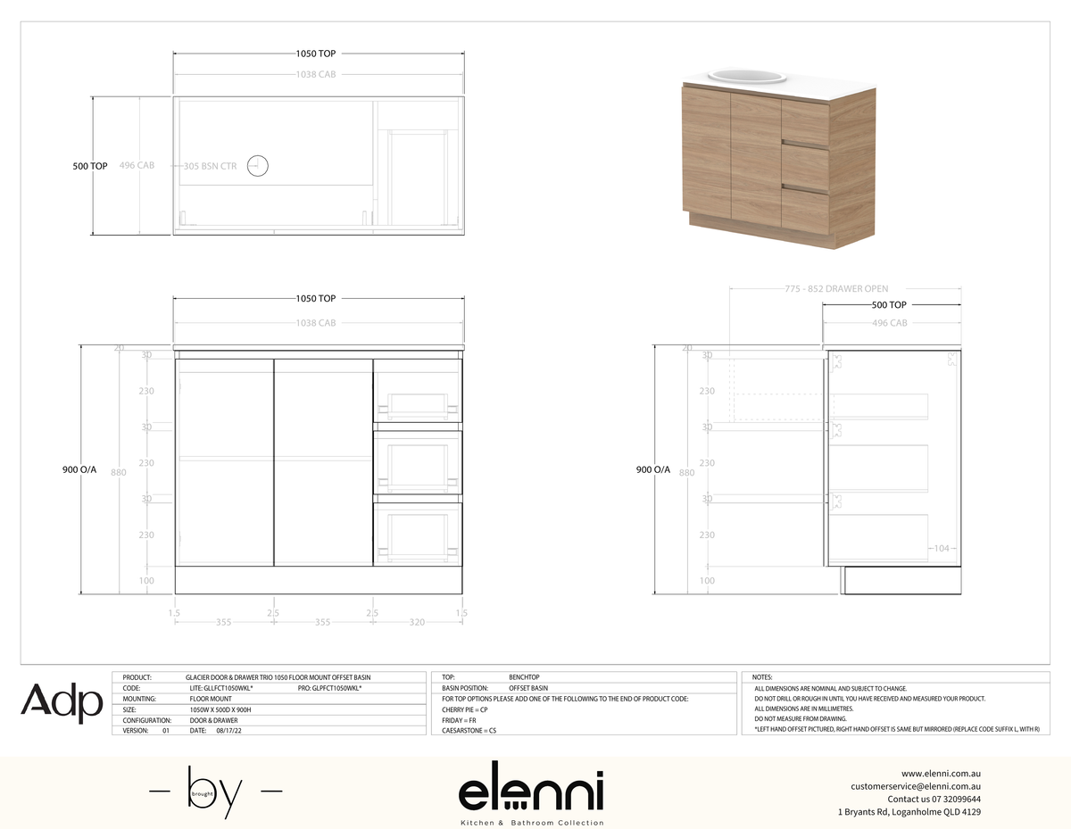 Glacier FD, Door &amp; Drawer, 1050 Trio WK, Benchtop Offset Bowl - Elenni specification drawing