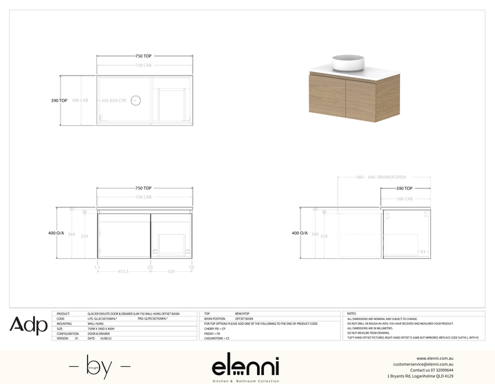 Glacier Ensuite, Door &amp; Drawer 750 Slim WH, Benchtop Offset Bowl - Elenni specification drawing
