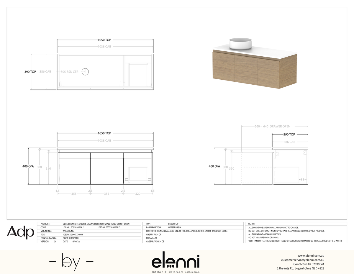 Glacier Ensuite, Door &amp; Drawer 1050 Slim WH, Benchtop Offset Bowl - Elenni specification drawing