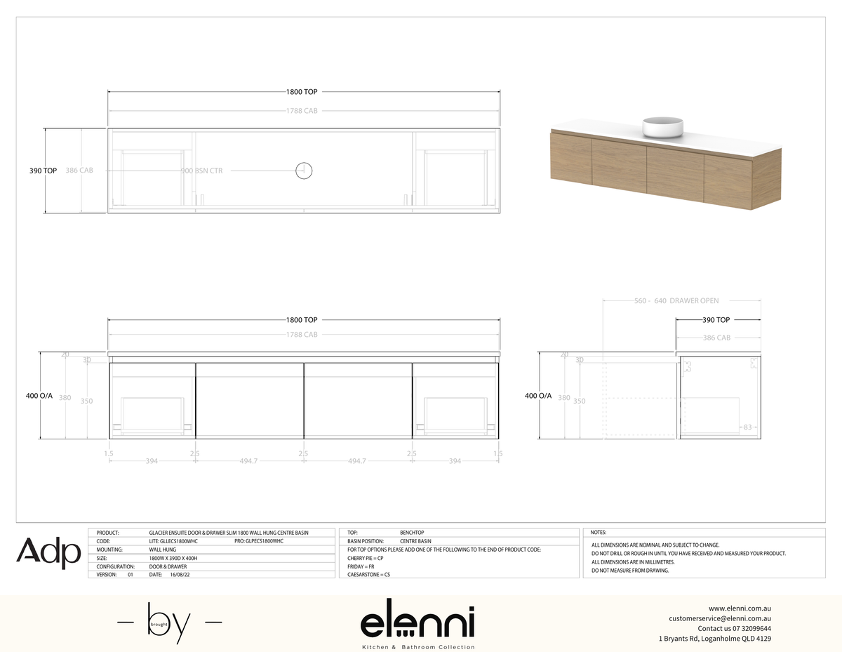 Glacier Ensuite, Door &amp; Drawer 1800 Slim WH, Benchtop Centre Bowl - Elenni specification drawing