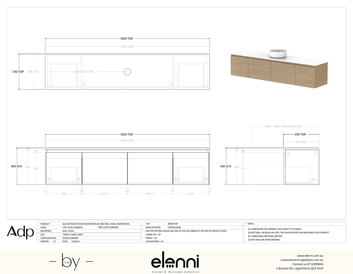 Glacier Ensuite, Door &amp; Drawer 1800 Slim WH, Benchtop Centre Bowl - Elenni specification drawing