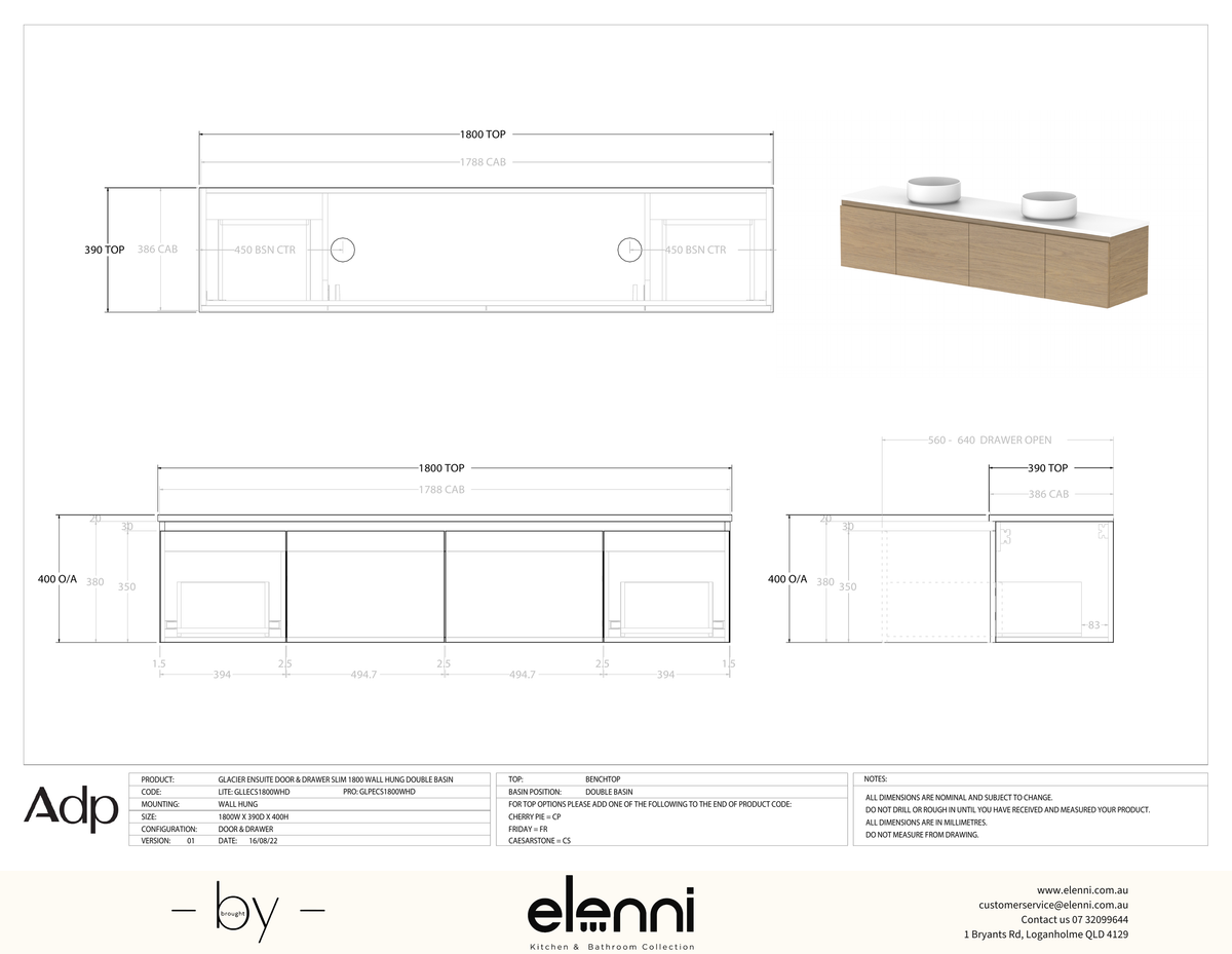 Glacier Ensuite, Door &amp; Drawer 1800 Slim WH, Benchtop Double Bowl - Elenni specification drawing