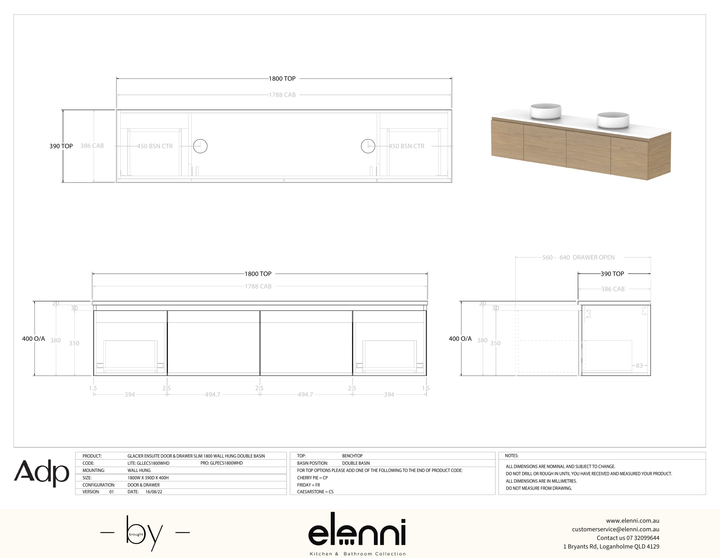 Glacier Ensuite, Door &amp; Drawer 1800 Slim WH, Benchtop Double Bowl - Elenni specification drawing