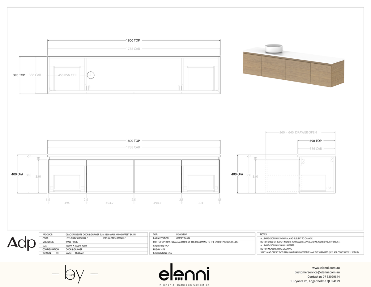 Glacier Ensuite, Door &amp; Drawer 1800 Slim WH, Benchtop Offset Bowl - Elenni specification drawing