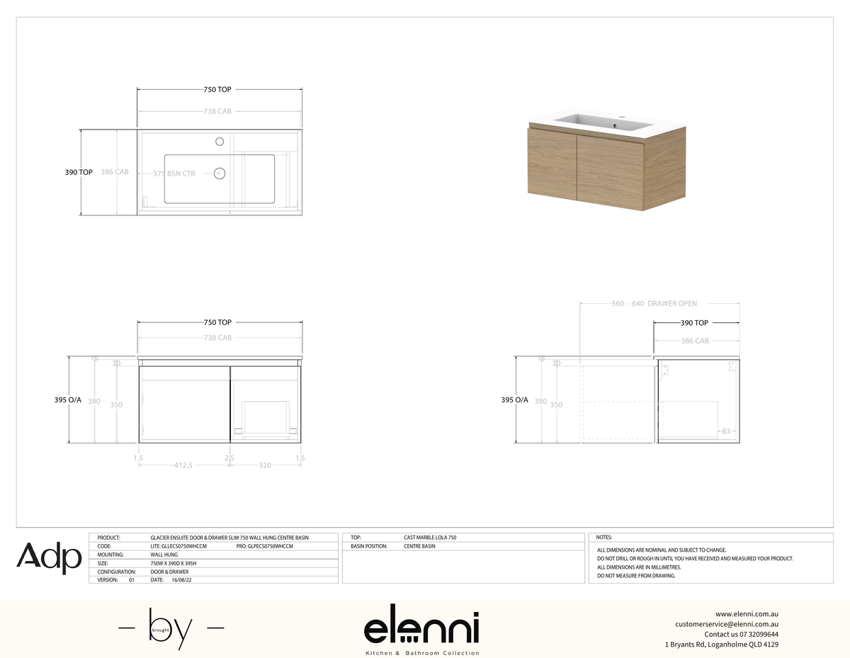 Glacier Ensuite, Door &amp; Drawer 750 Slim WH, Cast Marble Centre Bowl - Elenni specification drawing