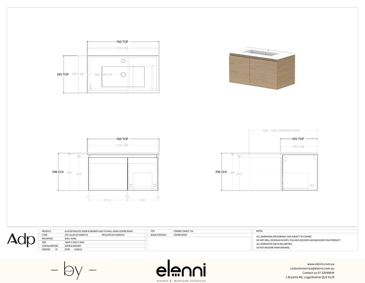 Glacier Ensuite, Door &amp; Drawer 750 Slim WH, Ceramic Centre Bowl - Elenni specification drawing
